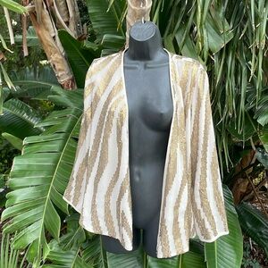 Chicos gold sequin metallic, zebra print tie, top or jacket